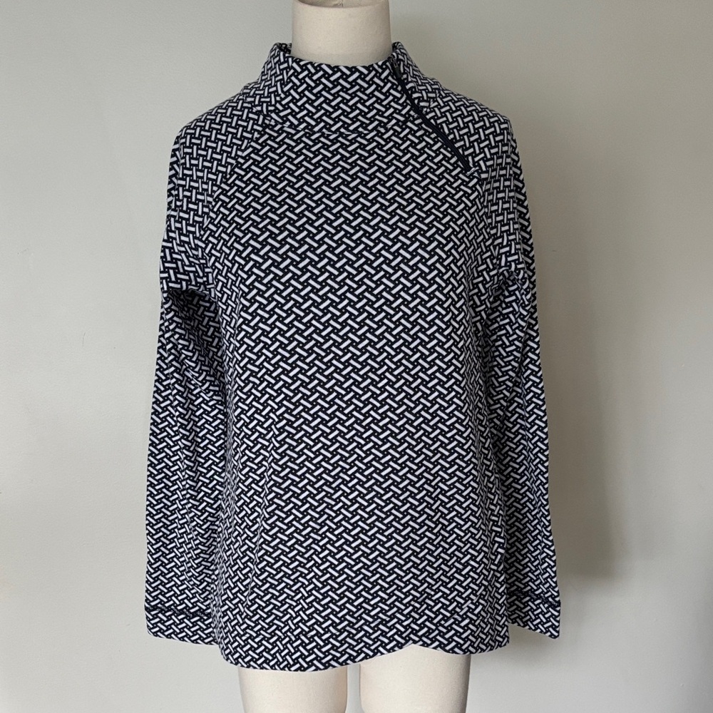 Talbots Navy and White Basket Weave Print Long Sleeve Mockneck Top SzXS